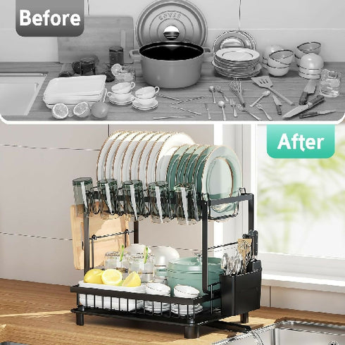 Dish Drainer 2 Tier Black with Drip Tray